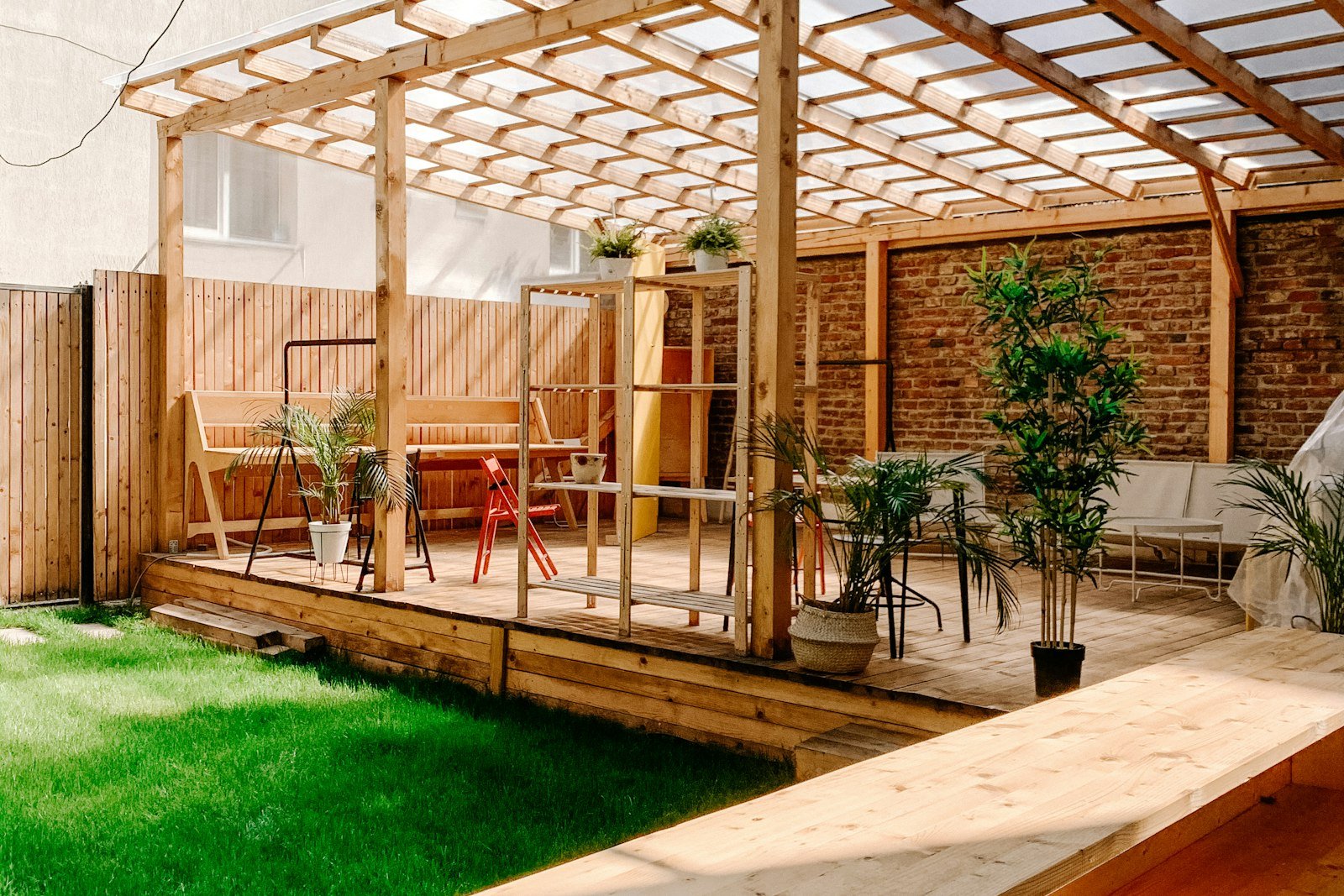 Timber pergola over a raised deck