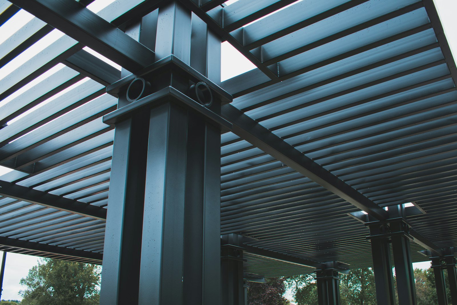 Adjustable louvered roof seen from below